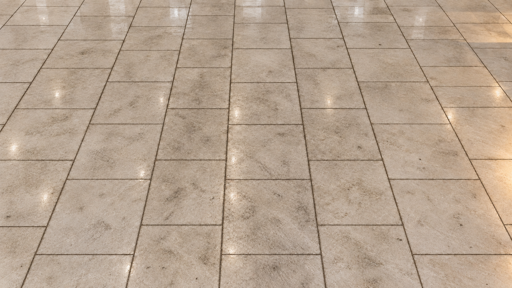 Tile floor with dark embedded buildup before deep floor cleaning